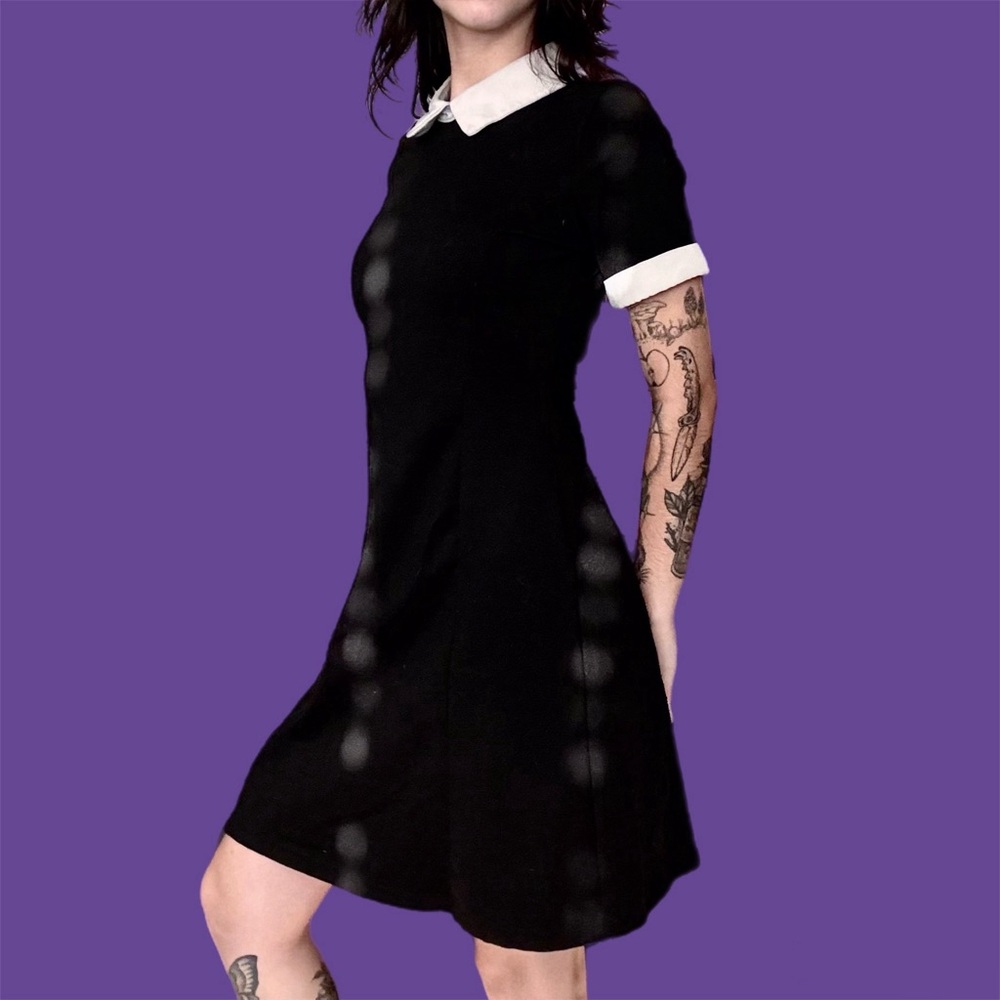 Wednesday Addams Inspired Black Midi Dress w/ White Collar